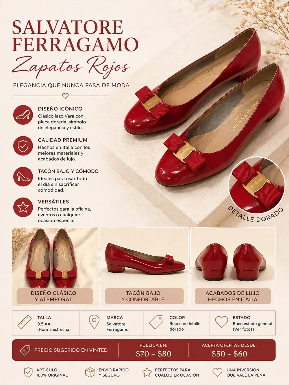 Salvatore Ferragamo Red Patent Vara Bow Low Heel Flats